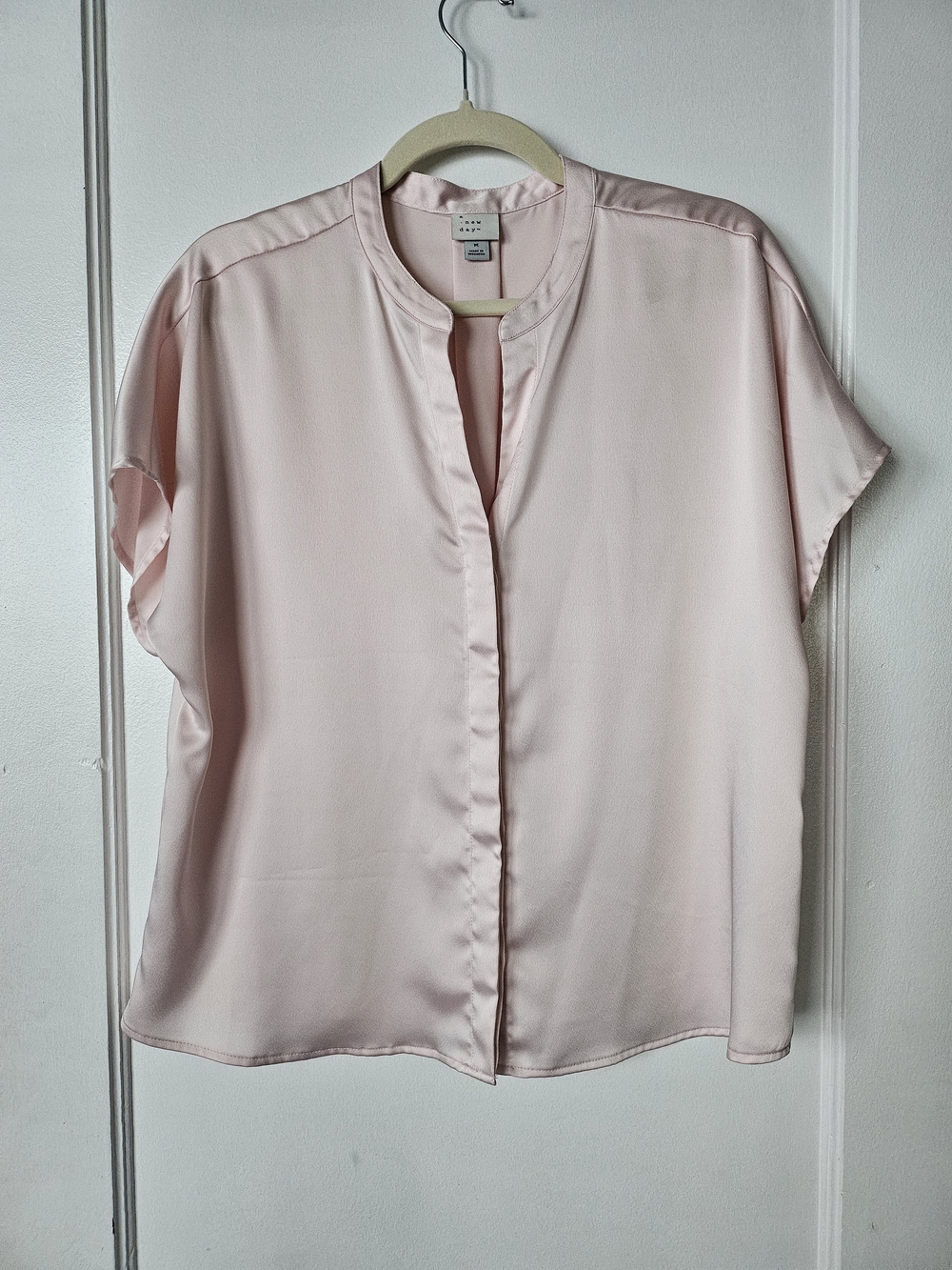 a new day Pale Pink Satin Short Sleeve V-Neck Botton Up Blouse